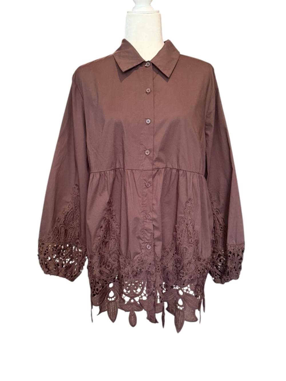Cato Brown Eyelet Hem Poplin Button-Front Peplum Lace Top NWOT Size Large - Picture 3 of 8